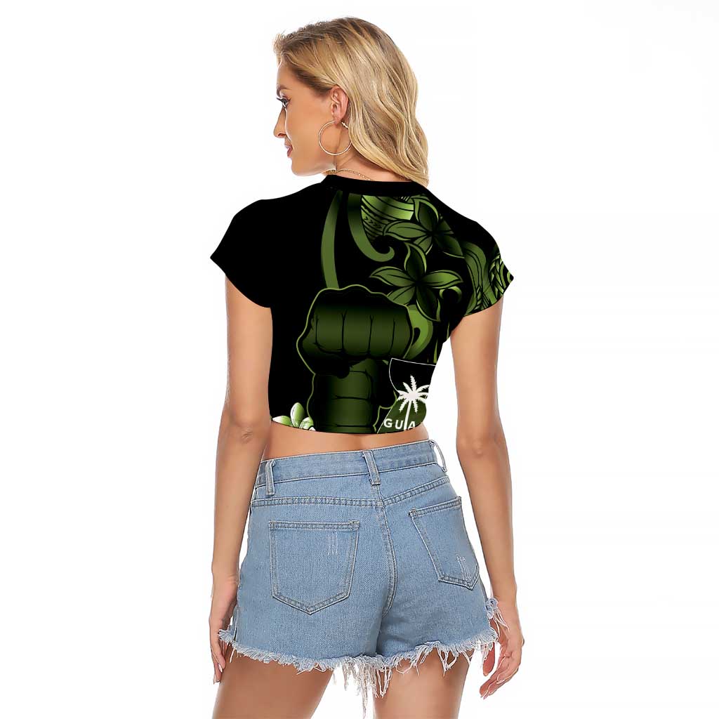 Green Hafa Adai Guam Raglan Cropped T Shirt Chamorro Latte Stone Hand With Plumeria