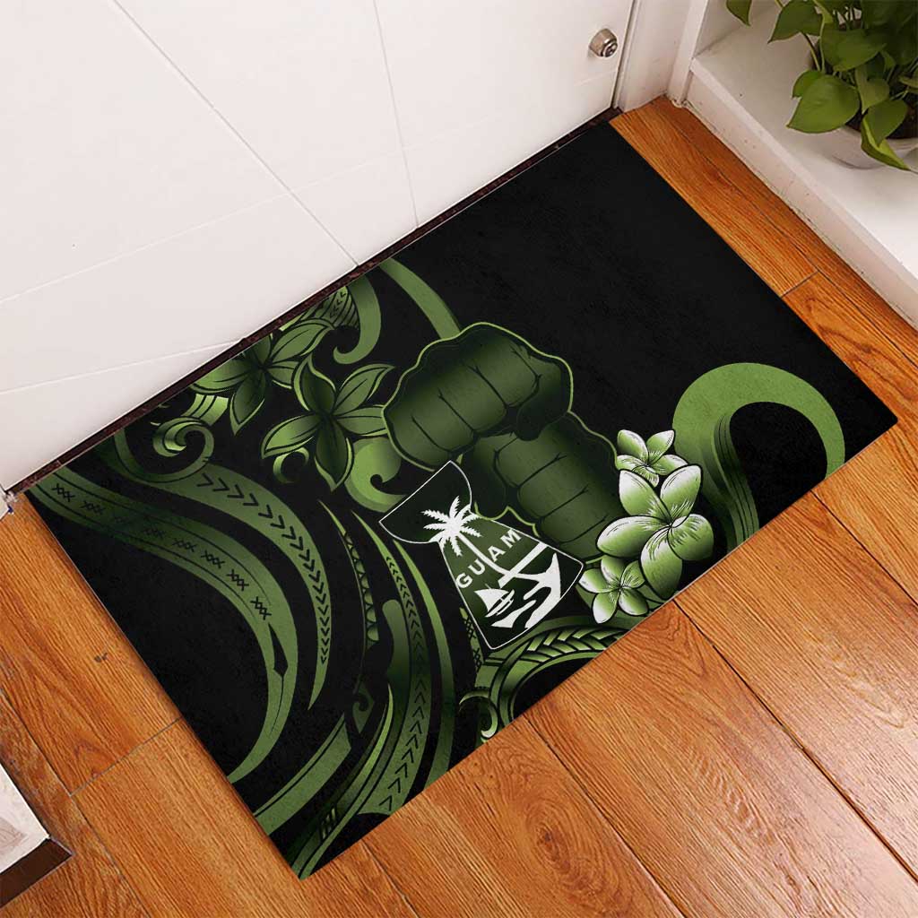 Green Hafa Adai Guam Rubber Doormat Chamorro Latte Stone Hand With Plumeria