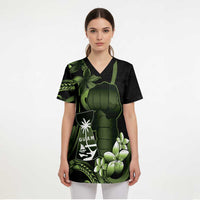Green Hafa Adai Guam Scrub Top Chamorro Latte Stone Hand With Plumeria - Polynesian Pride