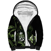 Green Hafa Adai Guam Sherpa Hoodie Chamorro Latte Stone Hand With Plumeria LT14 Unisex Green - Polynesian Pride