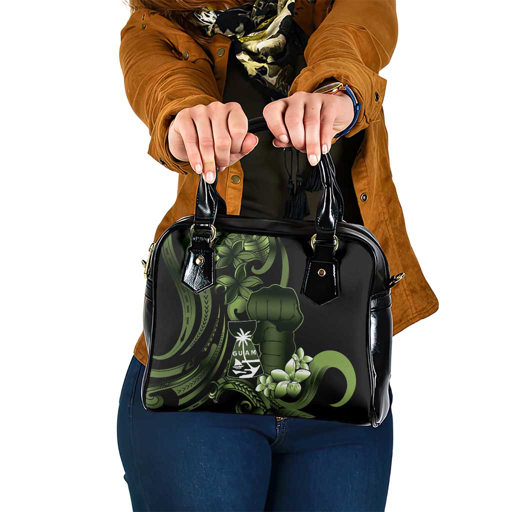 Green Hafa Adai Guam Shoulder Handbag Chamorro Latte Stone Hand With Plumeria