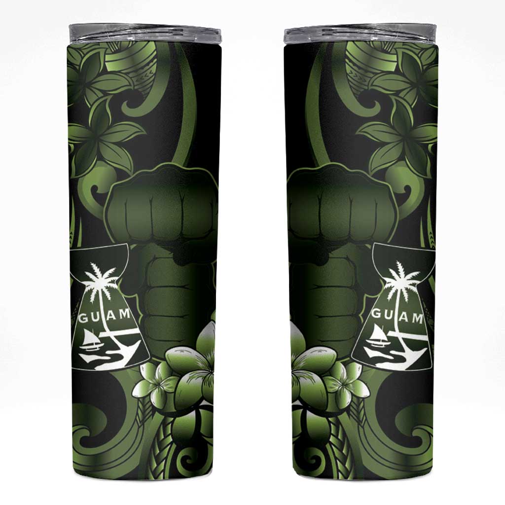 Green Hafa Adai Guam Skinny Tumbler Chamorro Latte Stone Hand With Plumeria