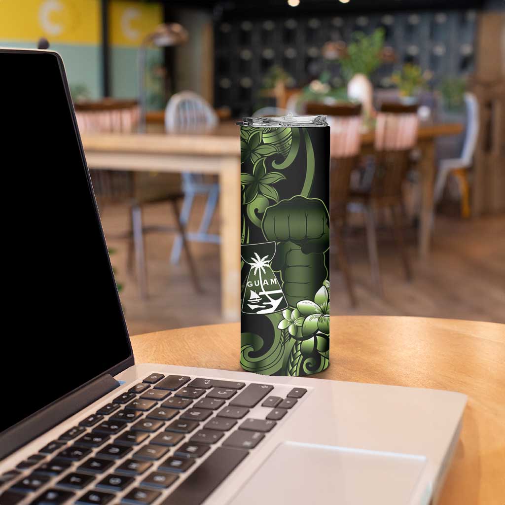 Green Hafa Adai Guam Skinny Tumbler Chamorro Latte Stone Hand With Plumeria