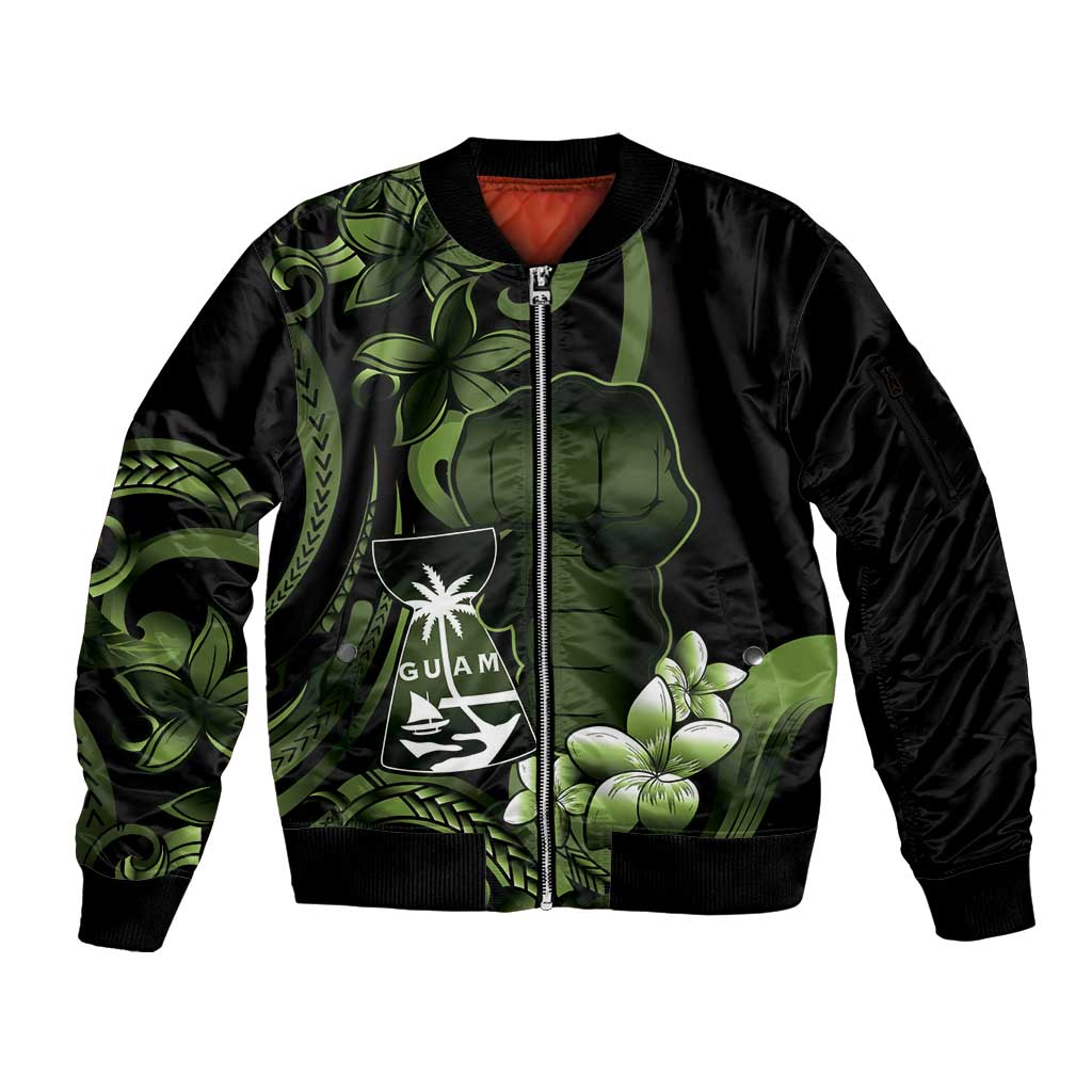 Green Hafa Adai Guam Sleeve Zip Bomber Jacket Chamorro Latte Stone Hand With Plumeria LT14 Unisex Green - Polynesian Pride