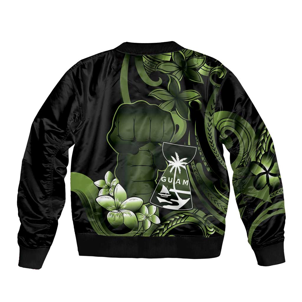 Green Hafa Adai Guam Sleeve Zip Bomber Jacket Chamorro Latte Stone Hand With Plumeria LT14 - Polynesian Pride