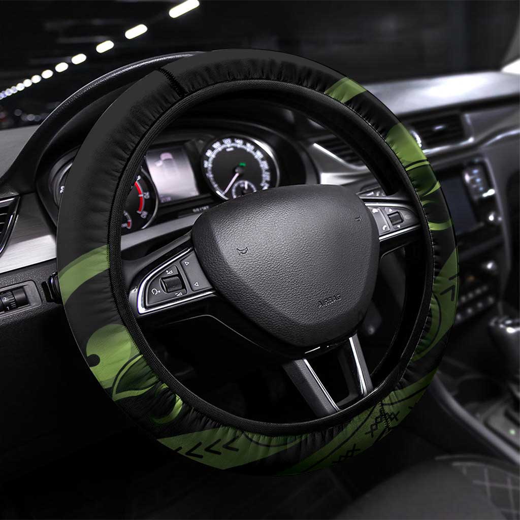 Green Hafa Adai Guam Steering Wheel Cover Chamorro Latte Stone Hand With Plumeria