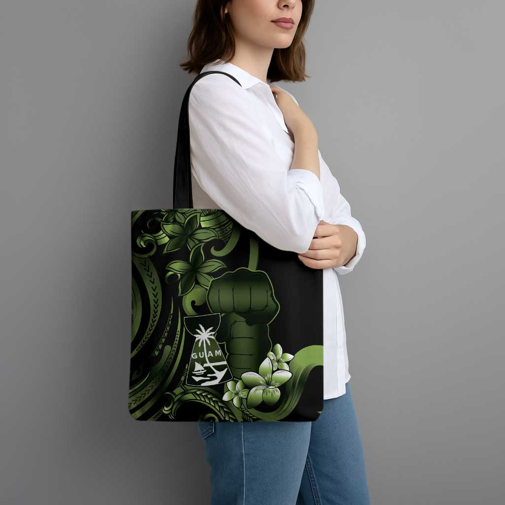 Green Hafa Adai Guam Tote Bag Chamorro Latte Stone Hand With Plumeria - Polynesian Pride