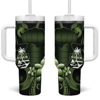 Green Hafa Adai Guam Tumbler With Handle Chamorro Latte Stone Hand With Plumeria