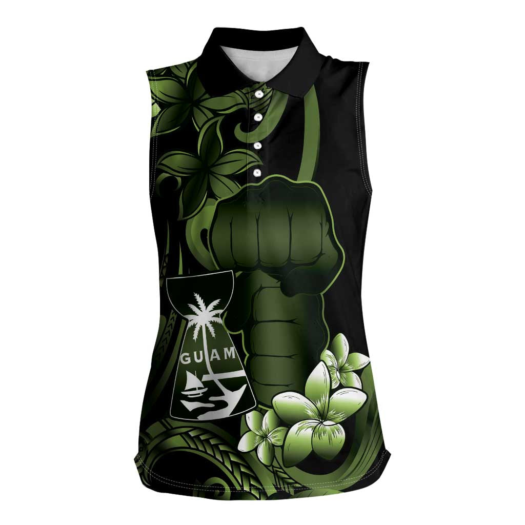 Green Hafa Adai Guam Women Sleeveless Polo Shirt Chamorro Latte Stone Hand With Plumeria