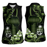 Green Hafa Adai Guam Women Sleeveless Polo Shirt Chamorro Latte Stone Hand With Plumeria