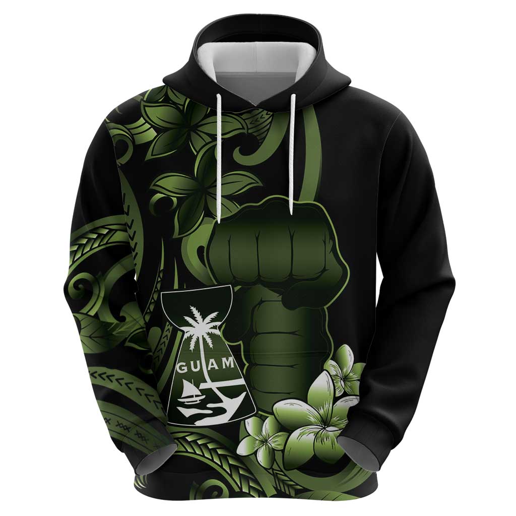 Green Hafa Adai Guam Zip Hoodie Chamorro Latte Stone Hand With Plumeria