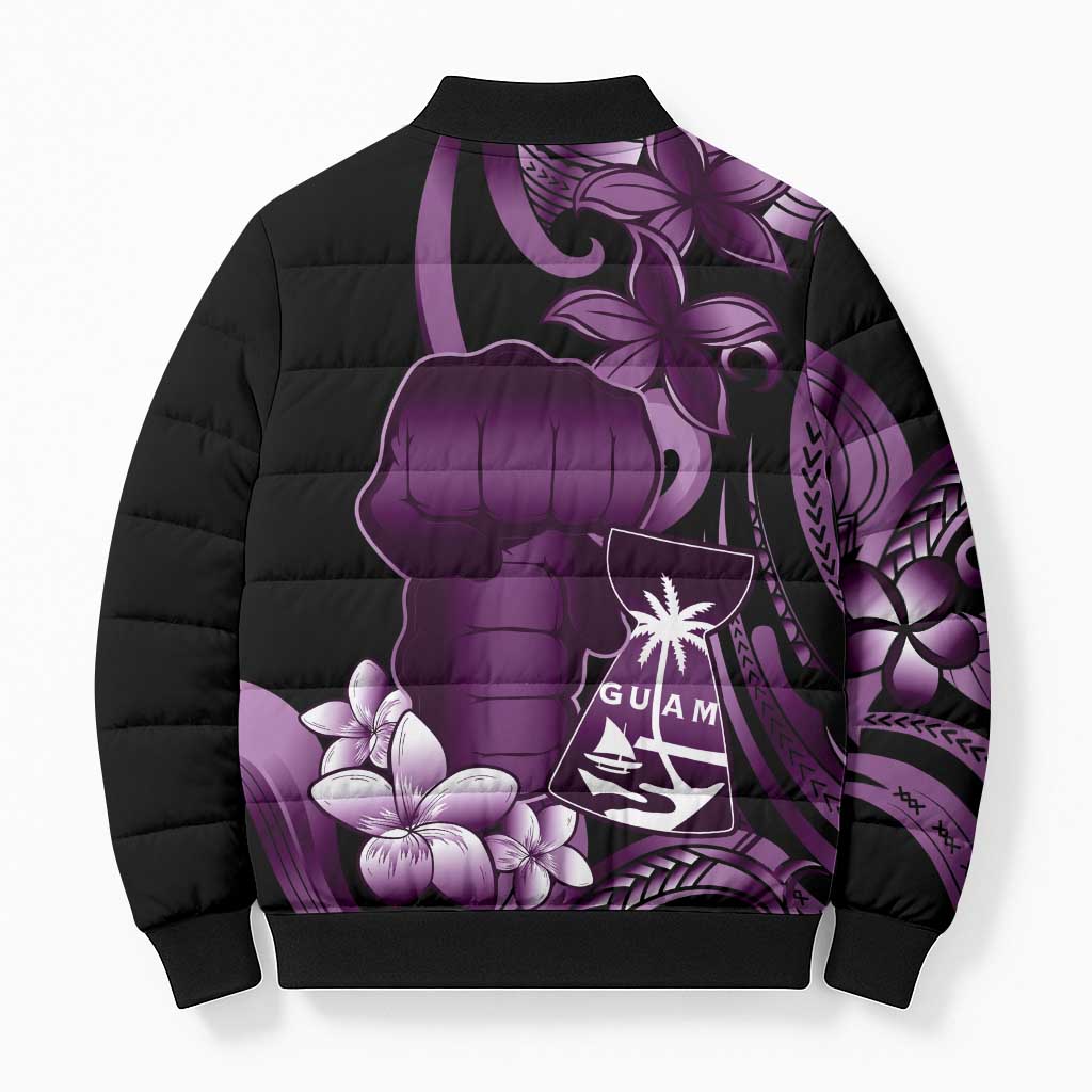 Purple Hafa Adai Guam Bomber Puffer Jacket Chamorro Latte Stone Hand With Plumeria - Polynesian Pride
