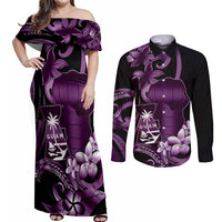 Purple Hafa Adai Guam Couples Matching Off Shoulder Maxi Dress and Long Sleeve Button Shirt Chamorro Latte Stone Hand With Plumeria