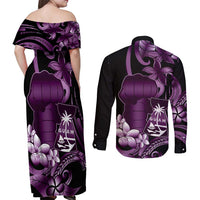 Purple Hafa Adai Guam Couples Matching Off Shoulder Maxi Dress and Long Sleeve Button Shirt Chamorro Latte Stone Hand With Plumeria