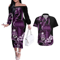 Purple Hafa Adai Guam Couples Matching Off The Shoulder Long Sleeve Dress and Hawaiian Shirt Chamorro Latte Stone Hand With Plumeria