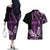 Purple Hafa Adai Guam Couples Matching Off The Shoulder Long Sleeve Dress and Hawaiian Shirt Chamorro Latte Stone Hand With Plumeria