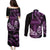 Purple Hafa Adai Guam Couples Matching Puletasi and Long Sleeve Button Shirt Chamorro Latte Stone Hand With Plumeria
