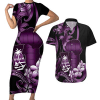 Purple Hafa Adai Guam Couples Matching Short Sleeve Bodycon Dress and Hawaiian Shirt Chamorro Latte Stone Hand With Plumeria