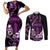 Purple Hafa Adai Guam Couples Matching Short Sleeve Bodycon Dress and Long Sleeve Button Shirt Chamorro Latte Stone Hand With Plumeria