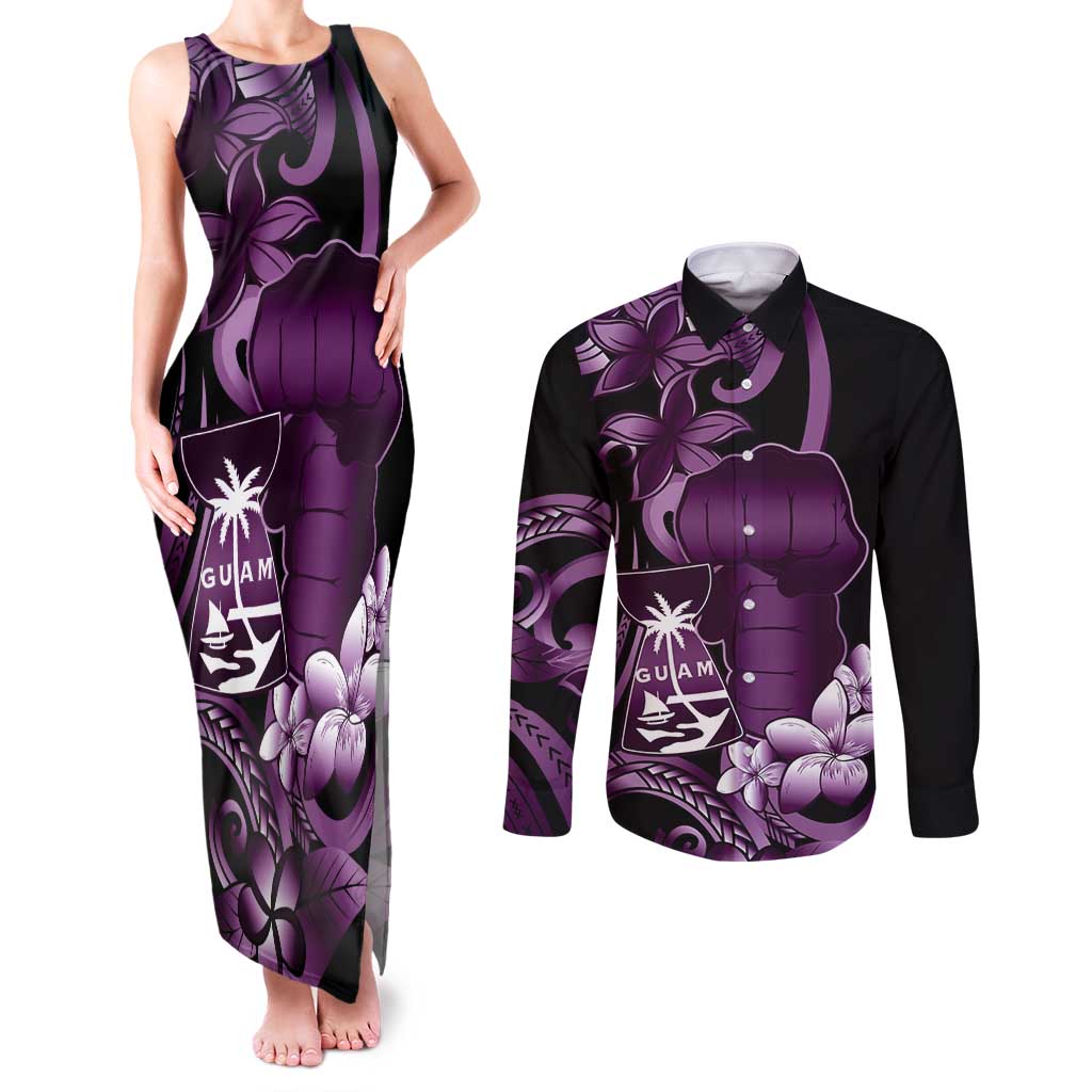 Purple Hafa Adai Guam Couples Matching Tank Maxi Dress and Long Sleeve Button Shirt Chamorro Latte Stone Hand With Plumeria