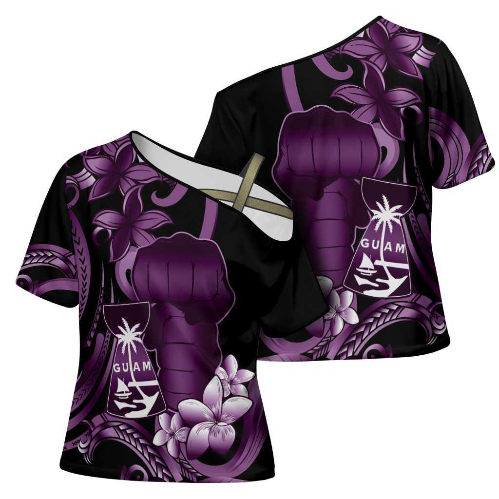 Purple Hafa Adai Guam Cross Shoulder Shirt Chamorro Latte Stone Hand With Plumeria - Polynesian Pride