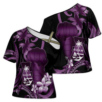 Purple Hafa Adai Guam Cross Shoulder Shirt Chamorro Latte Stone Hand With Plumeria - Polynesian Pride