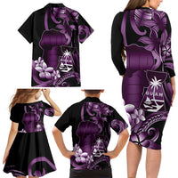 Purple Hafa Adai Guam Family Matching Long Sleeve Bodycon Dress and Hawaiian Shirt Chamorro Latte Stone Hand With Plumeria
