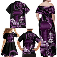 Purple Hafa Adai Guam Family Matching Off Shoulder Maxi Dress and Hawaiian Shirt Chamorro Latte Stone Hand With Plumeria