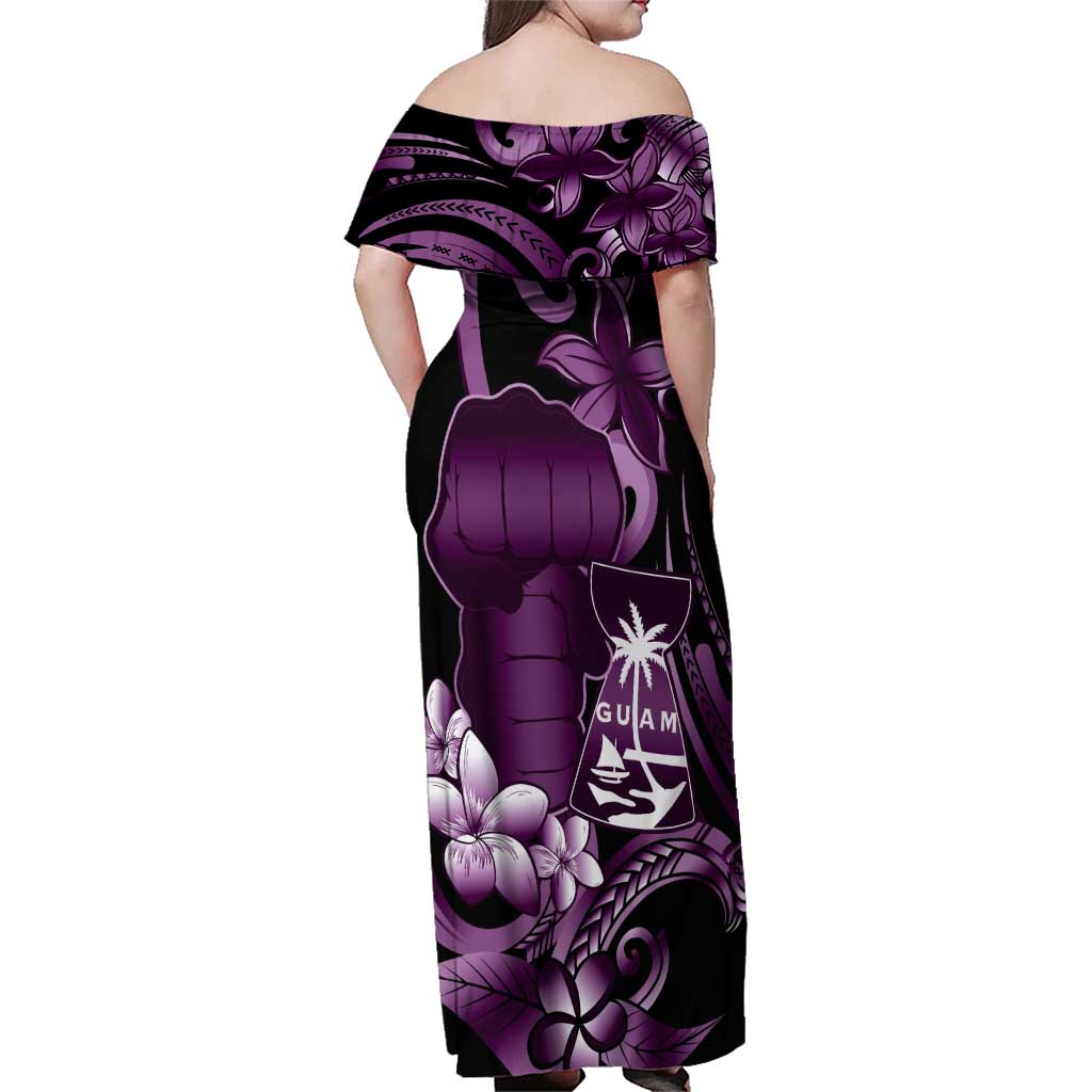 Purple Hafa Adai Guam Family Matching Off Shoulder Maxi Dress and Hawaiian Shirt Chamorro Latte Stone Hand With Plumeria