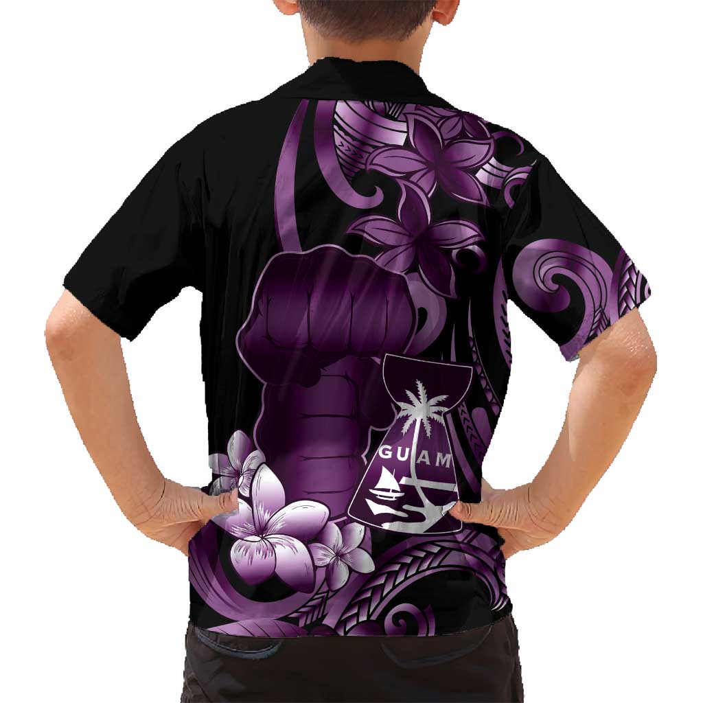 Purple Hafa Adai Guam Family Matching Off Shoulder Short Dress and Hawaiian Shirt Chamorro Latte Stone Hand With Plumeria