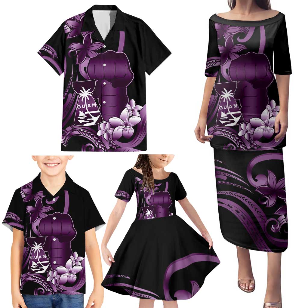 Purple Hafa Adai Guam Family Matching Puletasi and Hawaiian Shirt Chamorro Latte Stone Hand With Plumeria