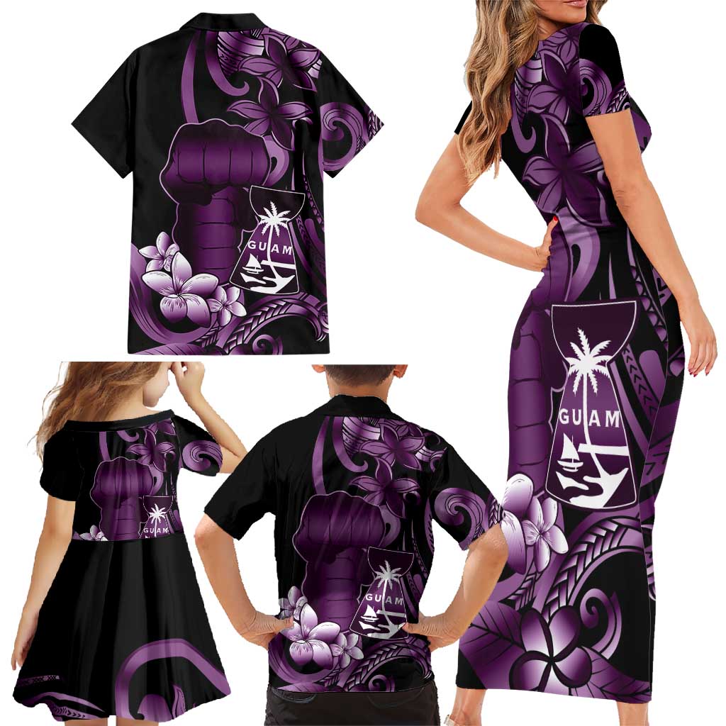 Purple Hafa Adai Guam Family Matching Short Sleeve Bodycon Dress and Hawaiian Shirt Chamorro Latte Stone Hand With Plumeria