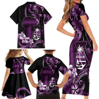 Purple Hafa Adai Guam Family Matching Short Sleeve Bodycon Dress and Hawaiian Shirt Chamorro Latte Stone Hand With Plumeria