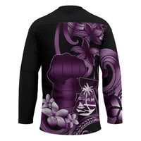 Purple Hafa Adai Guam Hockey Jersey Chamorro Latte Stone Hand With Plumeria - Polynesian Pride