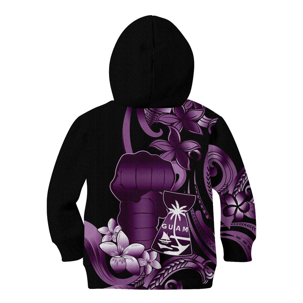 Purple Hafa Adai Guam Kid Hoodie Chamorro Latte Stone Hand With Plumeria