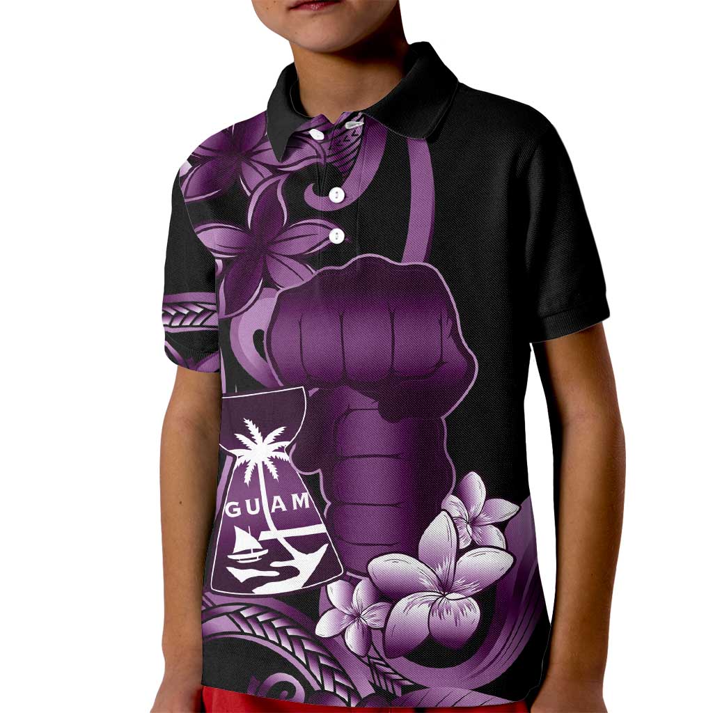 Purple Hafa Adai Guam Kid Polo Shirt Chamorro Latte Stone Hand With Plumeria