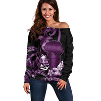 Purple Hafa Adai Guam Off Shoulder Sweater Chamorro Latte Stone Hand With Plumeria