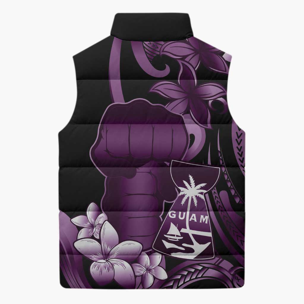 Purple Hafa Adai Guam Sleeveless Puffer Jacket Chamorro Latte Stone Hand With Plumeria - Polynesian Pride
