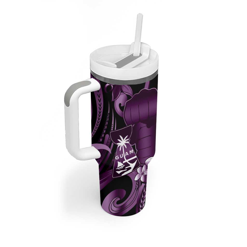 Purple Hafa Adai Guam Tumbler With Handle Chamorro Latte Stone Hand With Plumeria