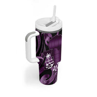 Purple Hafa Adai Guam Tumbler With Handle Chamorro Latte Stone Hand With Plumeria
