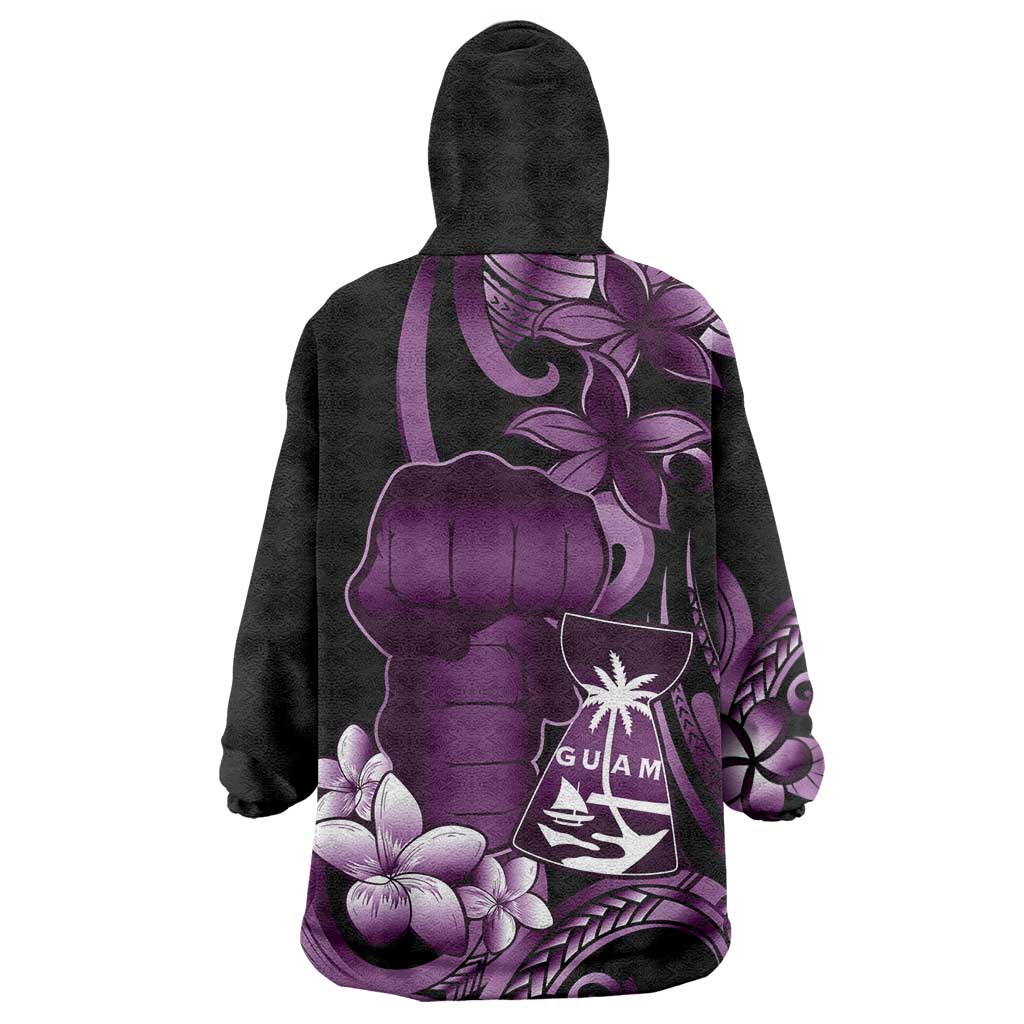 Purple Hafa Adai Guam Wearable Blanket Hoodie Chamorro Latte Stone Hand With Plumeria
