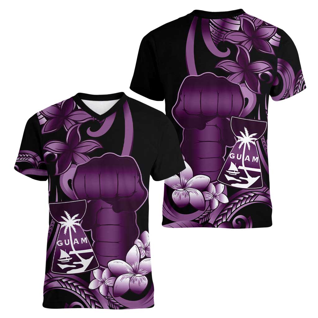 Purple Hafa Adai Guam Women V-Neck T-Shirt Chamorro Latte Stone Hand With Plumeria