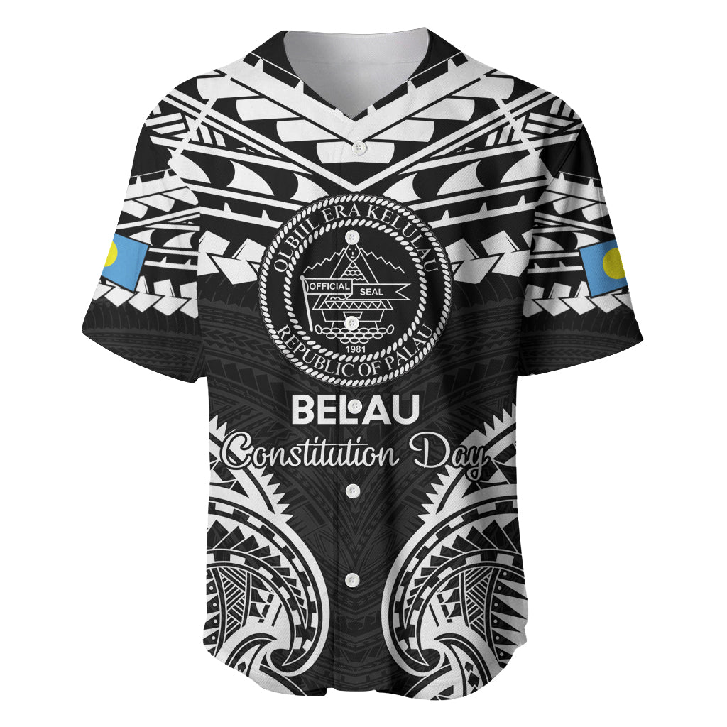 Palau Constitution Day Baseball Jersey Belau Seal With Polynesian Pattern - Black