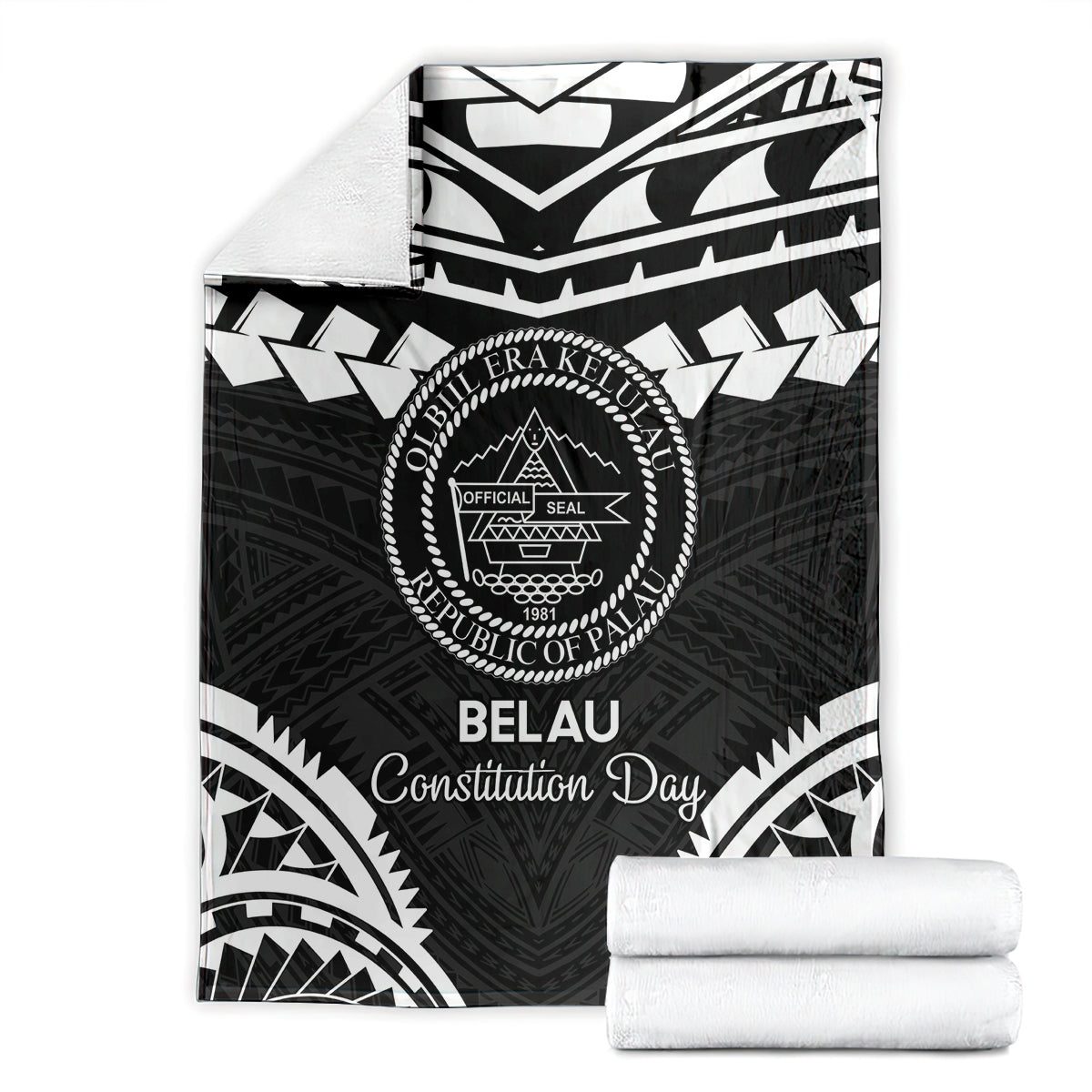 Palau Constitution Day Blanket Belau Seal With Polynesian Pattern - Black