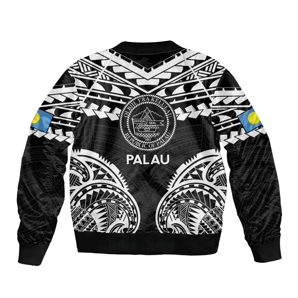 Palau Constitution Day Bomber Jacket Belau Seal With Polynesian Pattern - Black