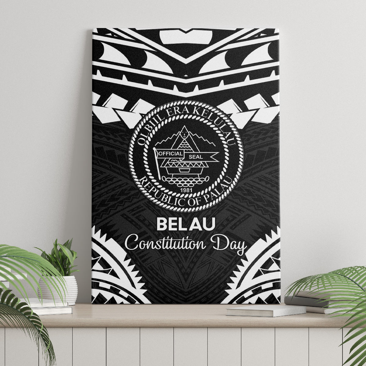 Palau Constitution Day Canvas Wall Art Belau Seal With Polynesian Pattern - Black