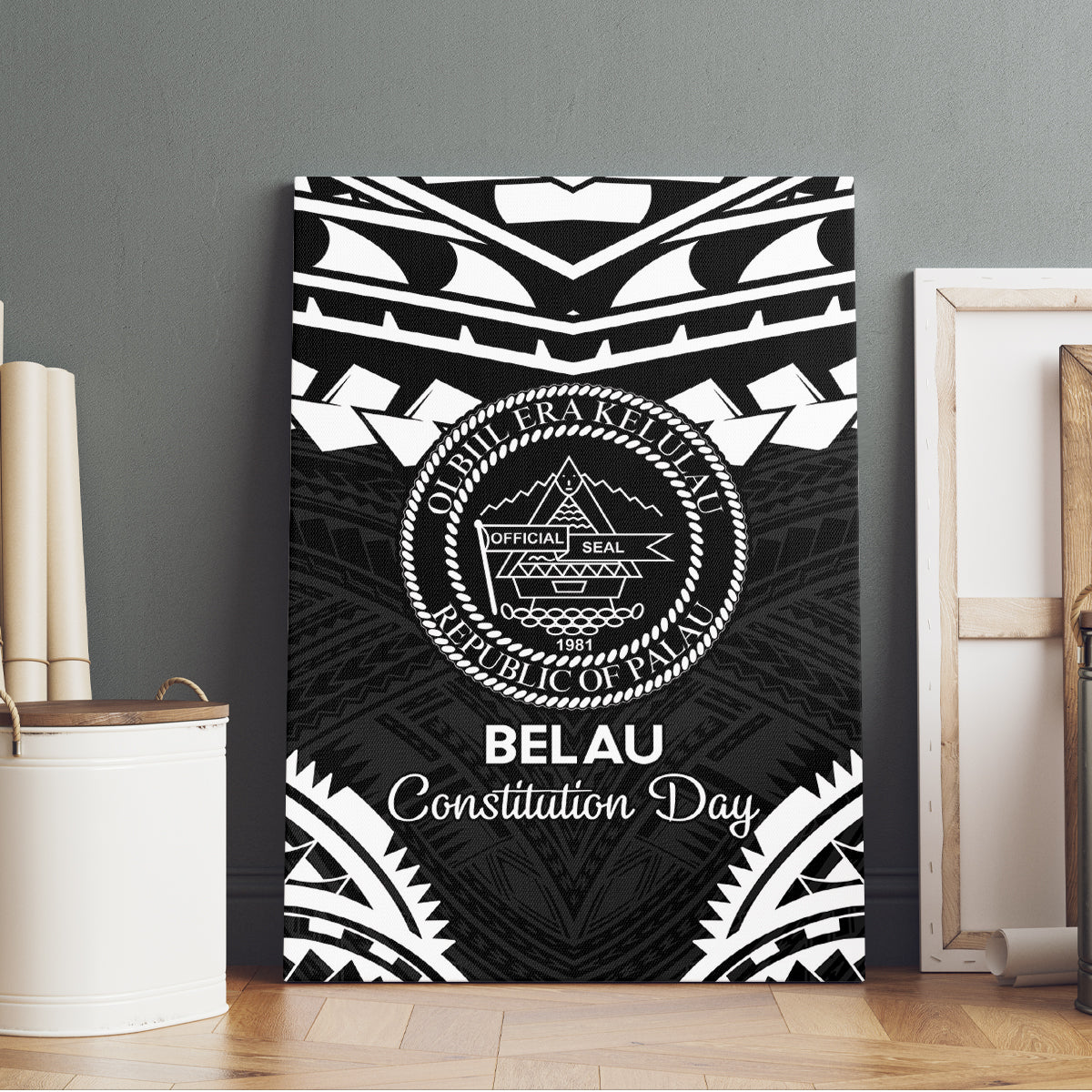 Palau Constitution Day Canvas Wall Art Belau Seal With Polynesian Pattern - Black
