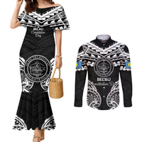 Palau Constitution Day Couples Matching Mermaid Dress and Long Sleeve Button Shirt Belau Seal With Polynesian Pattern - Black