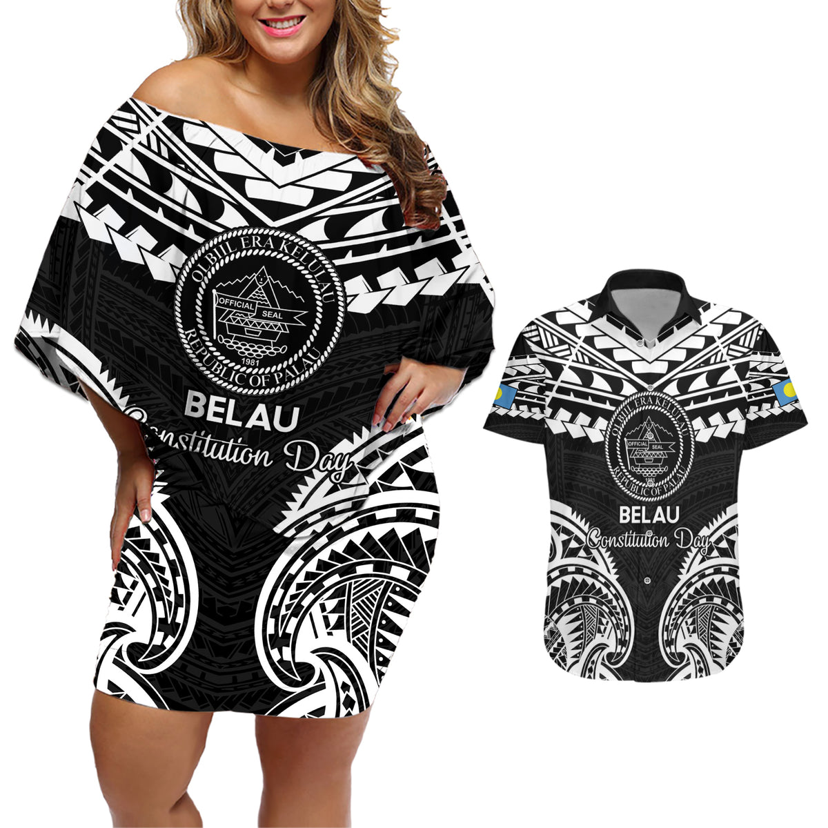 Palau Constitution Day Couples Matching Off Shoulder Short Dress and Hawaiian Shirt Belau Seal With Polynesian Pattern - Black