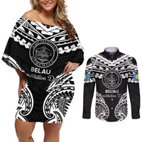 Palau Constitution Day Couples Matching Off Shoulder Short Dress and Long Sleeve Button Shirt Belau Seal With Polynesian Pattern - Black